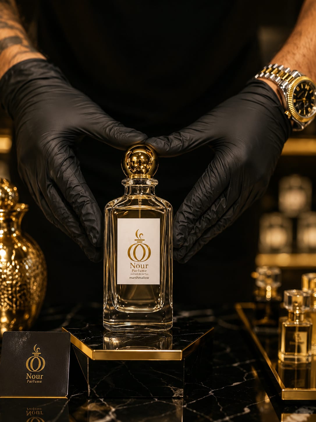 زجاجة Nour Perfume مع قفازات سوداء وساعة ذهبية